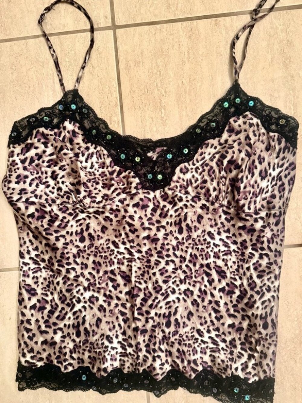 100% Silk Y2K Leopard Print Lace-Trim Cami Top in Purple/Black Sequins